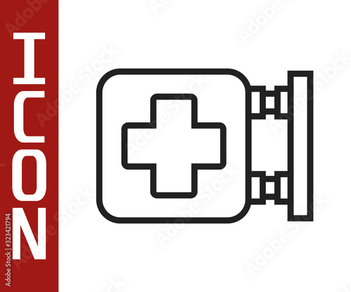 Black line Hospital signboard icon isolated on white background. Vector Illustration