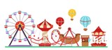 Amusement park vector illustration isolated on white. Flat design conceptual city banners with carousels. Slides and swings, ferris wheel attraction and air baloon cartoon amusement park poster.