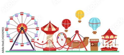 Amusement park vector illustration isolated on white. Flat design conceptual city banners with carousels. Slides and swings, ferris wheel attraction and air baloon cartoon amusement park poster.
