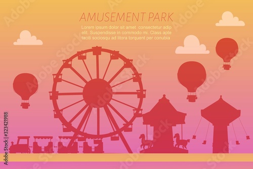 Amusement park silhoettes on gradient background vector illustration. Conceptual city banners with carousels. Slides and swings, ferris wheel attraction and air baloon amusement park gradient poster.