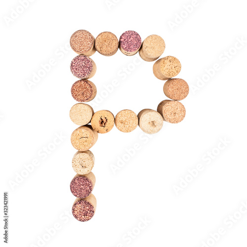 The letter "P" is made of wine corks. Isolated on white background