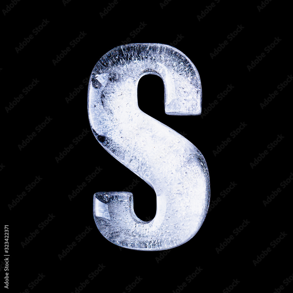 frozen water in the shape of the alphabet isolated on black background frozen water in the shape of the alphabet isolated on black background