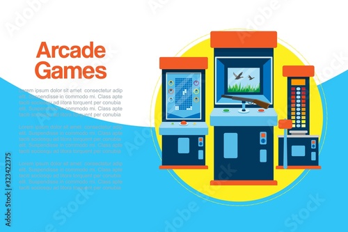 Arcade games machine vector illustration. Arcade gambling games in casino where gamesome gambler or gamer bet in gaming computer machinery illustration for poster or banner.