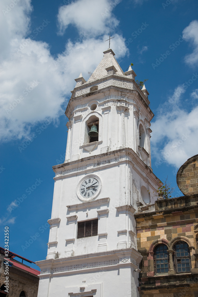 Panama / Panama. 04.24.2013. Clock towerThe Primada Cathedral Basilica Santa María la Antigua in Panama is a Catholic temple