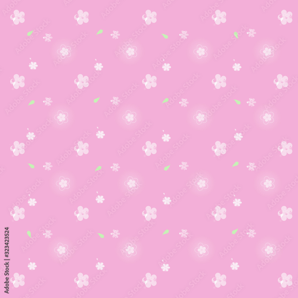 Repeating white flowers and green leaves, various sizes on a soft pink background. Female floral seamless pattern. Illustration. Repeating white flowers and green leaves, various sizes on a soft pink background. Female floral seamless pattern. Illustration.