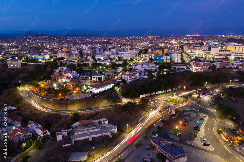 Fototapeta premium Night aerial view of Praia city in Santiago in Cape Verde Islands (Cabo Verde)
