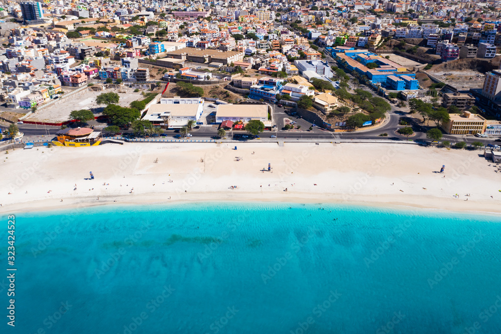 Aerial view of Laginha beach in Mindelo city in Sao Vicente Island in Cape Verde