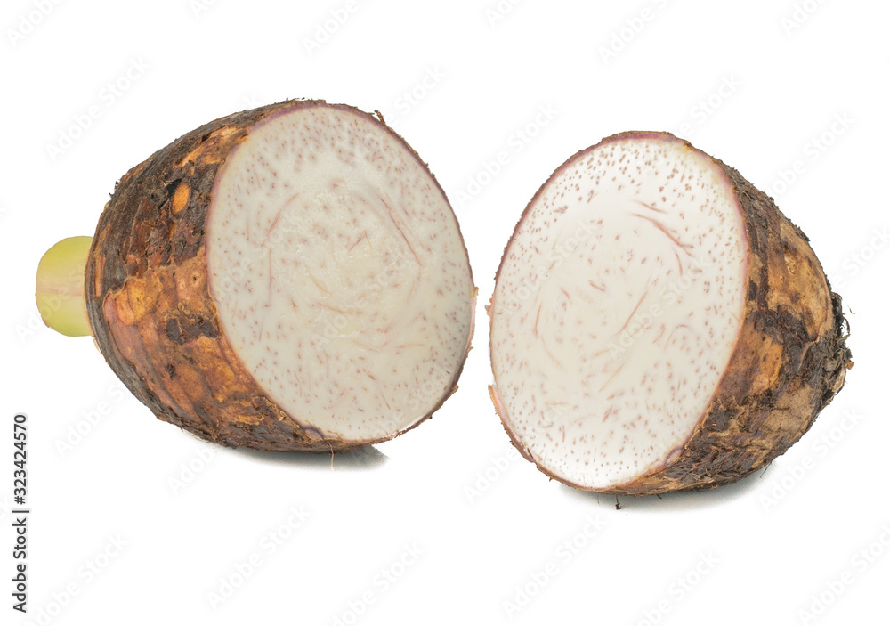 Sweet taro root, Satoimo potatoes or sliced of taro (Yautia Lila) isolated on white background Sweet taro root, Satoimo potatoes or sliced of taro (Yautia Lila) isolated on white background