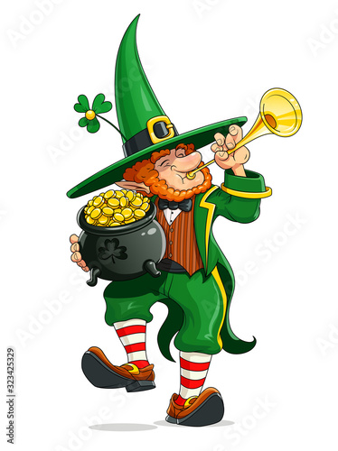 Dwarf with pot of golden coin. Gnome leprechaun with trumpet dancing irish traditional dance. Saint Patricks day. Isolated on white background. Eps10 vector illustration.