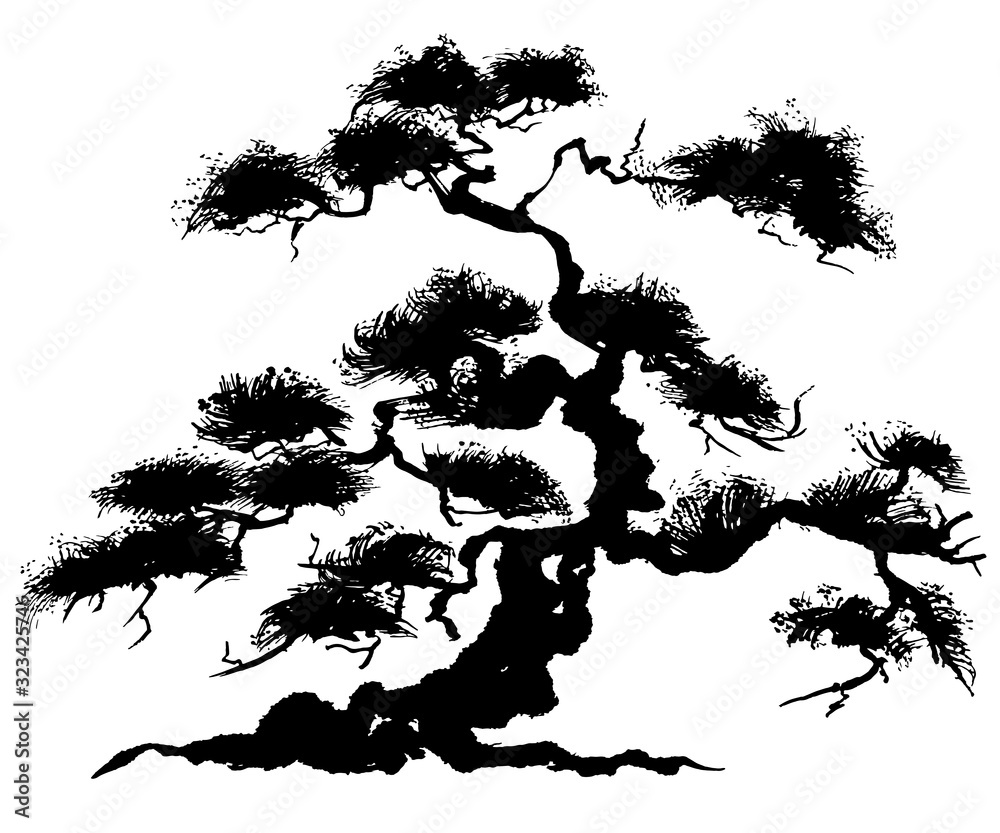 松 盆栽 毛筆イラスト 手書き Stock Vector Adobe Stock