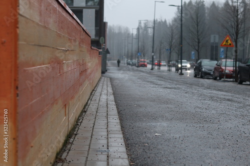 Urban Scandinavian city with foggy weather photo