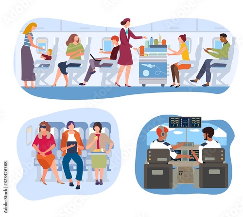Flight passengers in plane, people traveling in aircraft, pilot cabin and stewardess in uniform, vector illustration. Flight attendant serving passengers on board of airplane. People in economy class