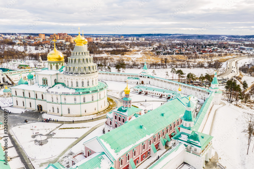 Aerial drone view of the Resurrection Cathedral of the New Jerusalem Monastery in winter. Moscow region, Istra, Russia.