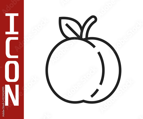 Black line Peach fruit or nectarine with leaf icon isolated on white background. Vector Illustration