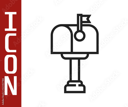 Black line Mail box icon isolated on white background. Mailbox icon. Mail postbox on pole with flag. Vector Illustration
