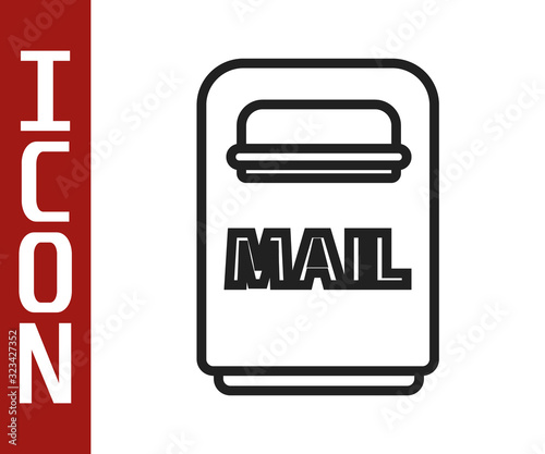 Black line Mail box icon isolated on white background. Mailbox icon. Mail postbox on pole with flag. Vector Illustration