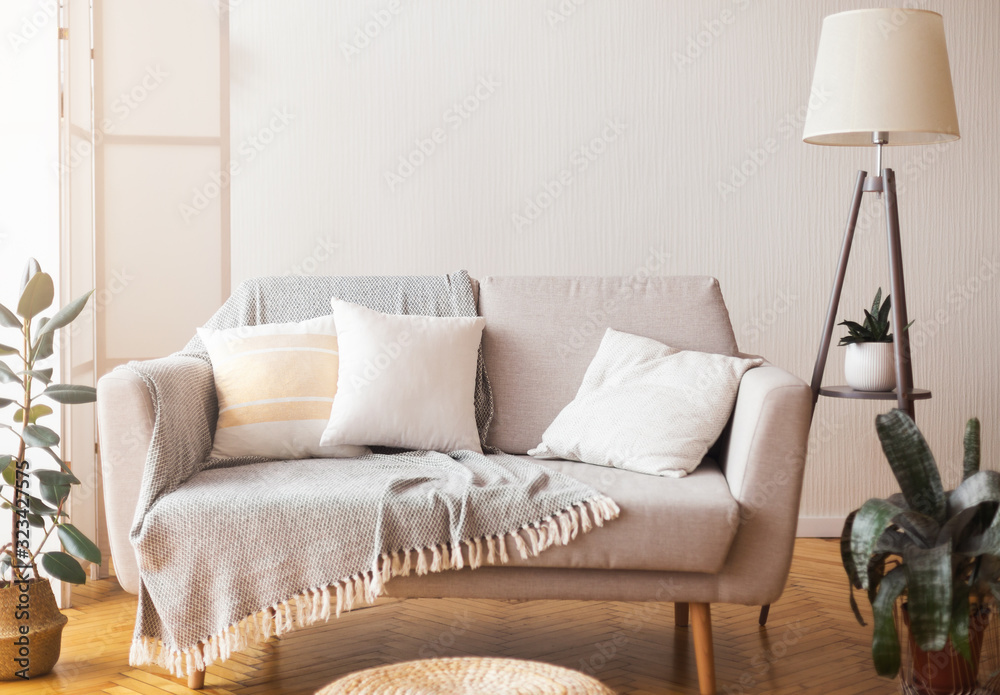 Cozy home interior sofa and cushions and floor lamp - obrazy, fototapety, plakaty 