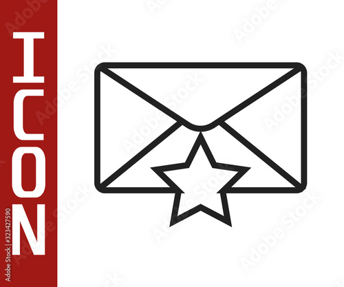 Black line Envelope with star icon isolated on white background. Important email, add to favourite icon. Starred message mail. Vector Illustration