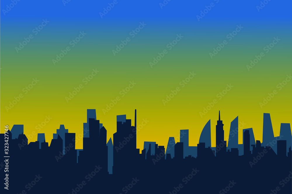Sunrise in the city vectors, landscape mode, building, silhouette sky, skyscraper, and light.