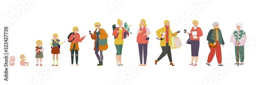 Woman in different age, stages of growing up from baby to old lady vector illustration. Aging process, life of average woman. Childhood, education, pregnancy and retirement. Isolated cartoon character