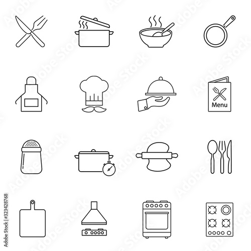 Set of clean line icons featuring various kitchen utensils and cooking related objects. Thin linear graphic pictogram for web site, mobile application. Logo illustration. Eps10.
