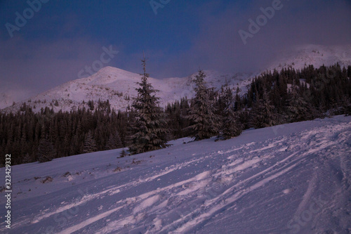 Winter landscape in the higest Carpahian mountains near Yaremche in the sunset photo