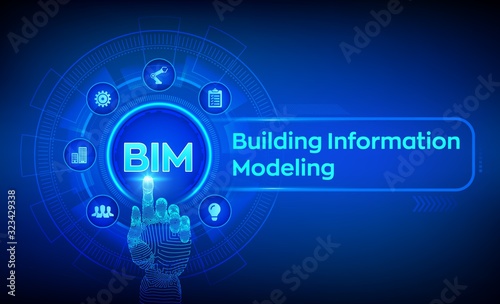 BIM. Building Information Modeling Technology concept on virtual screen. Business Industry, Architecture and Construction concept. Robotic hand touching digital interface. Vector illustration.