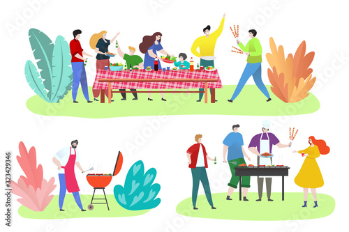 People at barbecue party outdoor, happy friends and family cartoon characters, vector illustration. Grill bbq cookout in summer, people spend time together. Barbeque picnic outdoor, cartoon people
