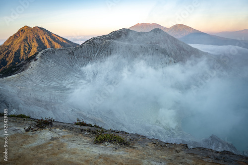 view on mountains and lake on vulcano ijen