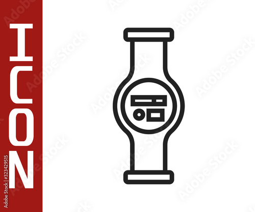Black line Water meter with pipeline icon isolated on white background. Vector Illustration
