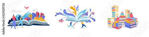 People reading books, creative imagination concept, flat style vector illustration. Open book fantasy literature, read novel and fairy tale. Creative people cartoon character, set of isolated concepts