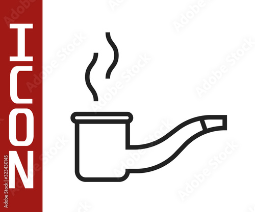 Black line Smoking pipe with smoke icon isolated on white background. Tobacco pipe. Vector Illustration