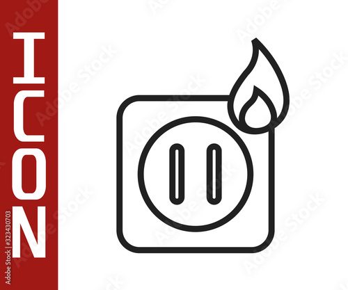 Black line Electric wiring of socket in fire icon isolated on white background. Electrical safety concept. Plug outlet on fire. Vector Illustration