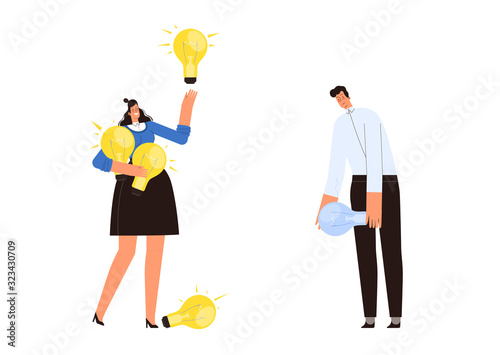 Woman with a lot of ideas and a man who doesn't have them. The concept of the emergence of business ideas in different people, the comparison of a successful businessman and a loser