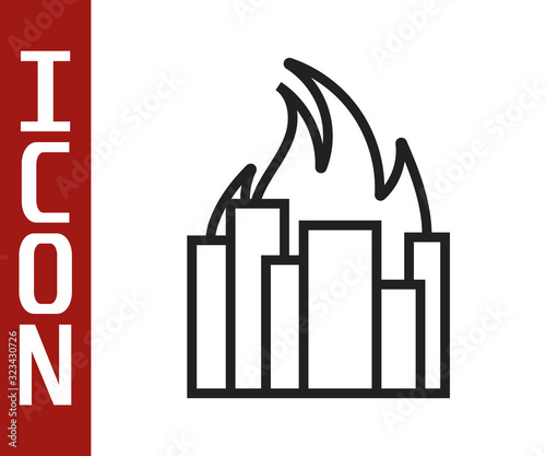 Black line Fire in burning buildings on city street icon isolated on white background. Destroyed city on fire. Vector Illustration