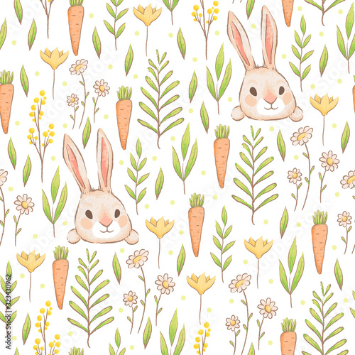 A cute seamless pattern with rabbits, carrots and flowers. Easter spring design with hares and grass. Imitation of handmade watercolors
