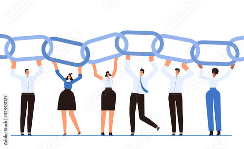 Happy businessmen as links of the business chain. The concept of successful teamwork and cooperation. Employees contribute to the common cause