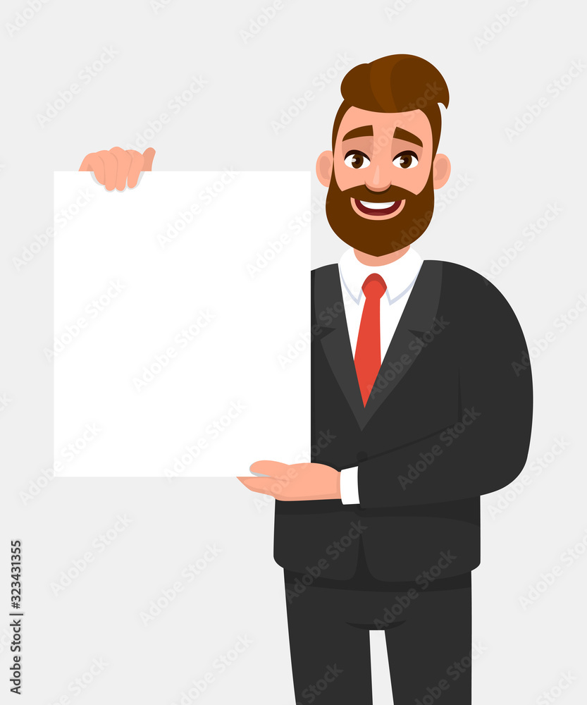 Young hipster business man showing blank white poster or paper copy space area. Happy trendy person holding empty banner. Male presenting signboard or billboard. Cartoon illustration in vector style. Young hipster business man showing blank white poster or paper copy space area. Happy trendy person holding empty banner. Male presenting signboard or billboard. Cartoon illustration in vector style.