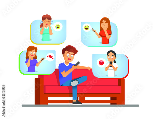 A teenage boy is chatting with some of his girlfriends via the chat app. Some kind of expression from adolescent girls.