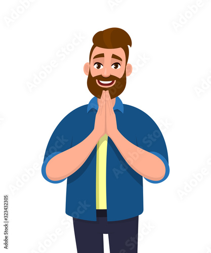 Young bearded man praying hands together. Hipster trendy person holding palms in prayer. Male character illustration. Human emotion, body language, modern lifestyle concept in vector cartoon style.