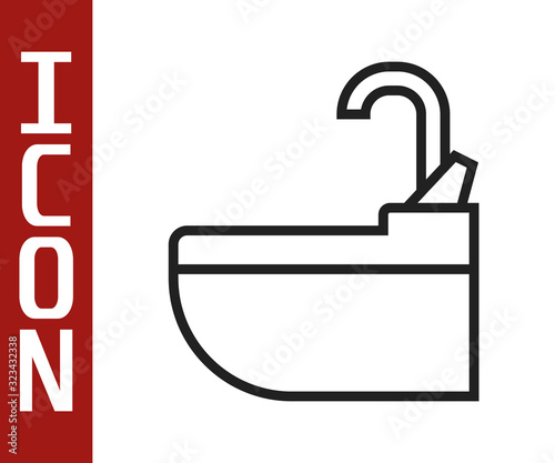 Black line Washbasin with water tap icon isolated on white background. Vector Illustration