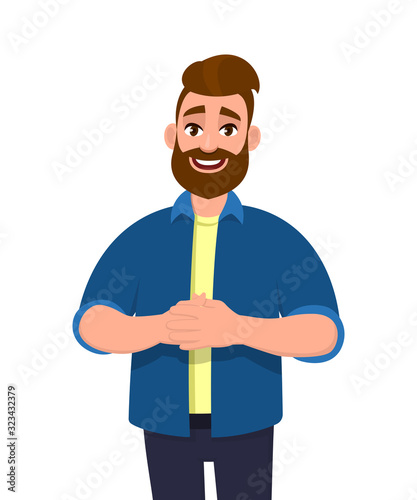 Young hipster man holding his hands together. Trendy bearded person standing isolated in white background. Happy male character design illustration. Modern lifestyle concept in vector cartoon style.