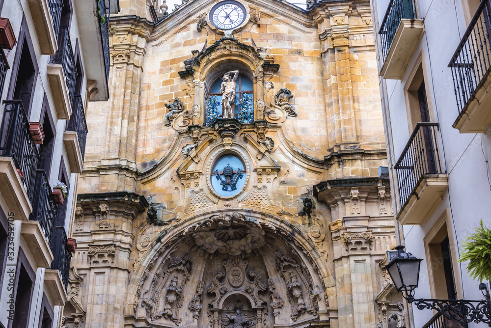 Frontage of St Mary of Chorus Roman Catholic basilica in historic part of San Sebastian city, Spain