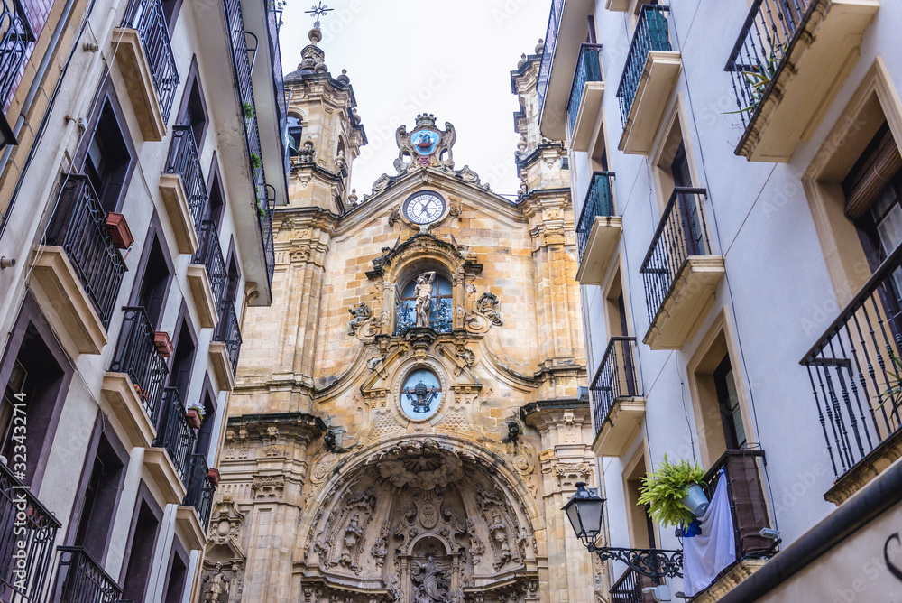 Frontage of St Mary of Chorus Roman Catholic basilica in historic part of San Sebastian city, Spain