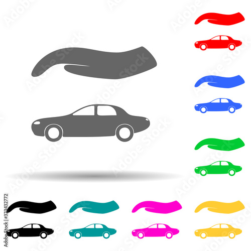 hand over the car multi color style icon. Simple glyph, flat vector of insurance icons for ui and ux, website or mobile application