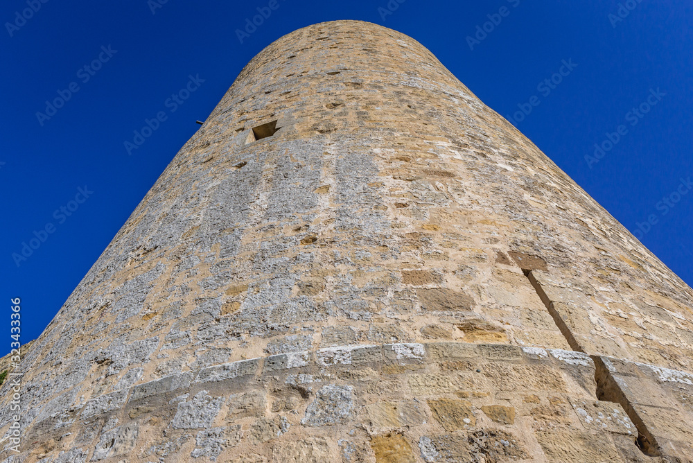 Close up on a tower of castle in Salemi, small town in Trapani Province of Sicily Island in Italy