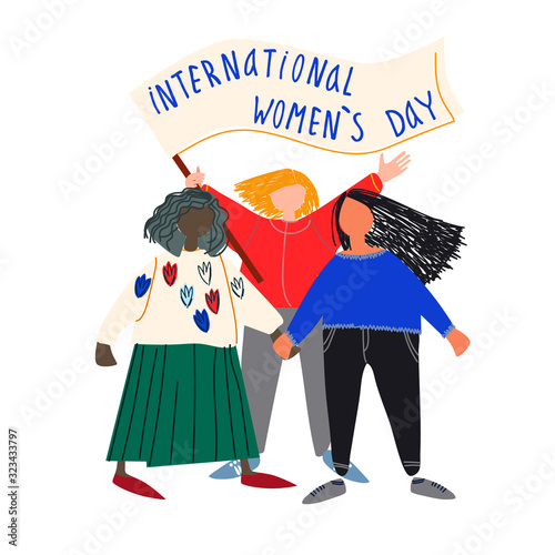 International Womens Day vector illustration in flat style. Multinational female group. Women standing together with flag