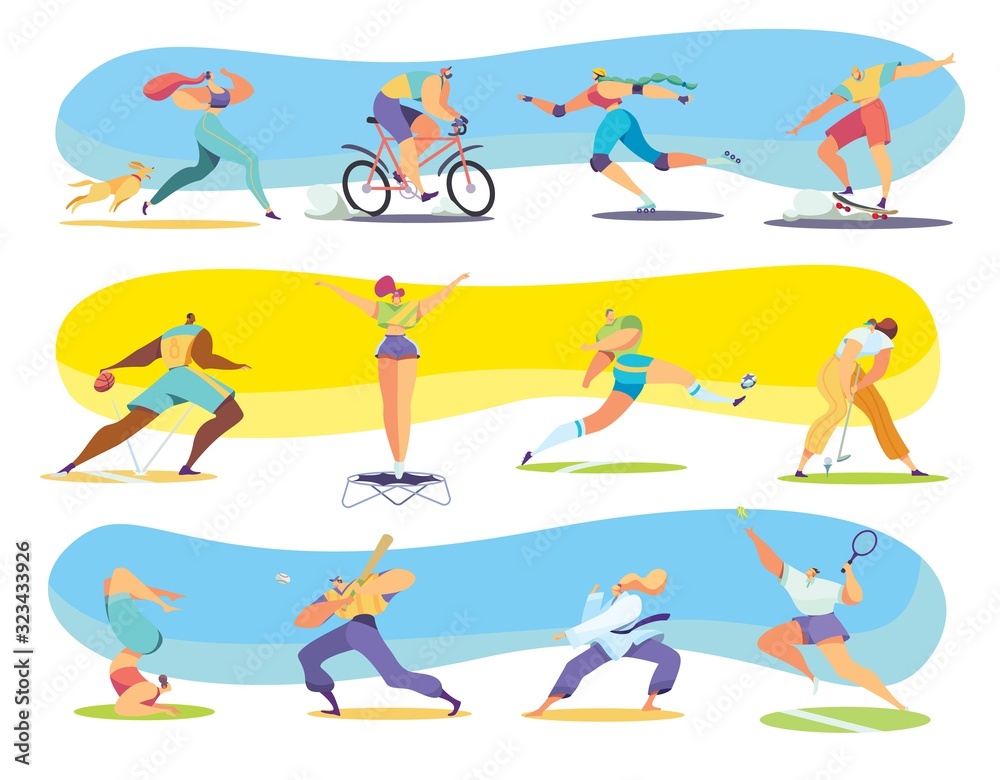 Different kinds of sport, people cartoon characters, vector illustration. Active men and women running, cycling, skating and playing sport games. Professional players in basketball, golf and tennis