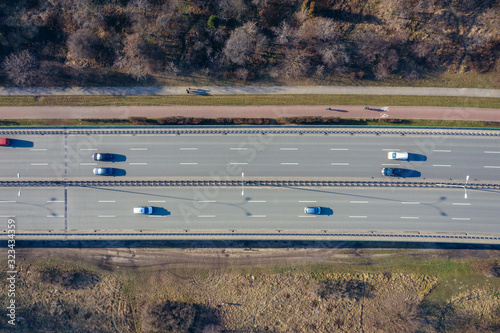 Drone view on the Trasa Siekierkowska street in Siekierki subdistrict of Warsaw, capital city of Poland photo