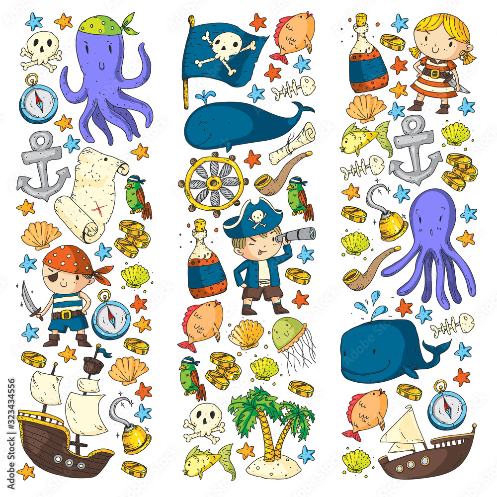Fototapeta premium Pirates and mermaids. Vector pattern for little children. Birthday party in sea and ocean style